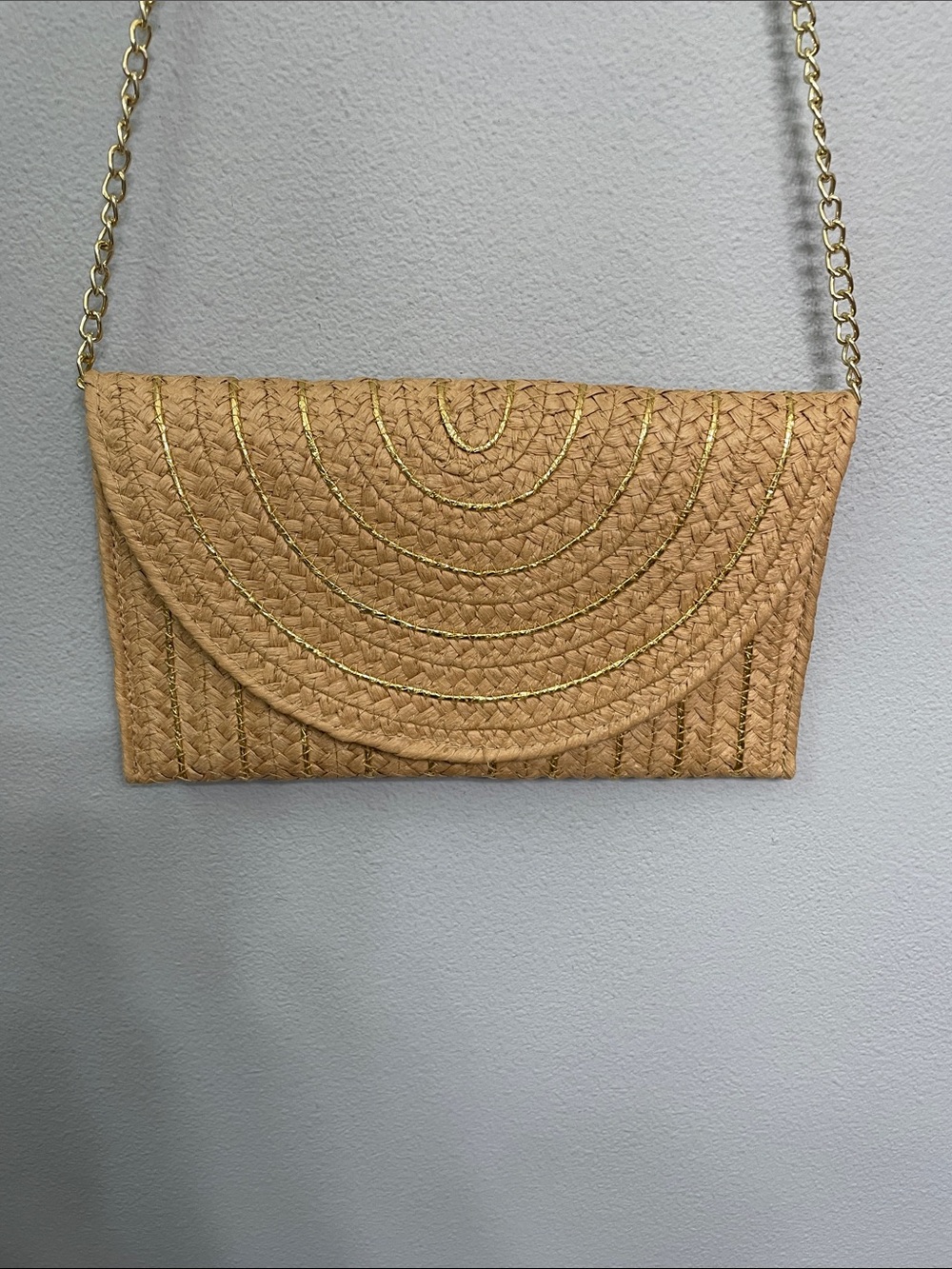 Woven Straw Envelope Clutch with Gold Chain - Tan